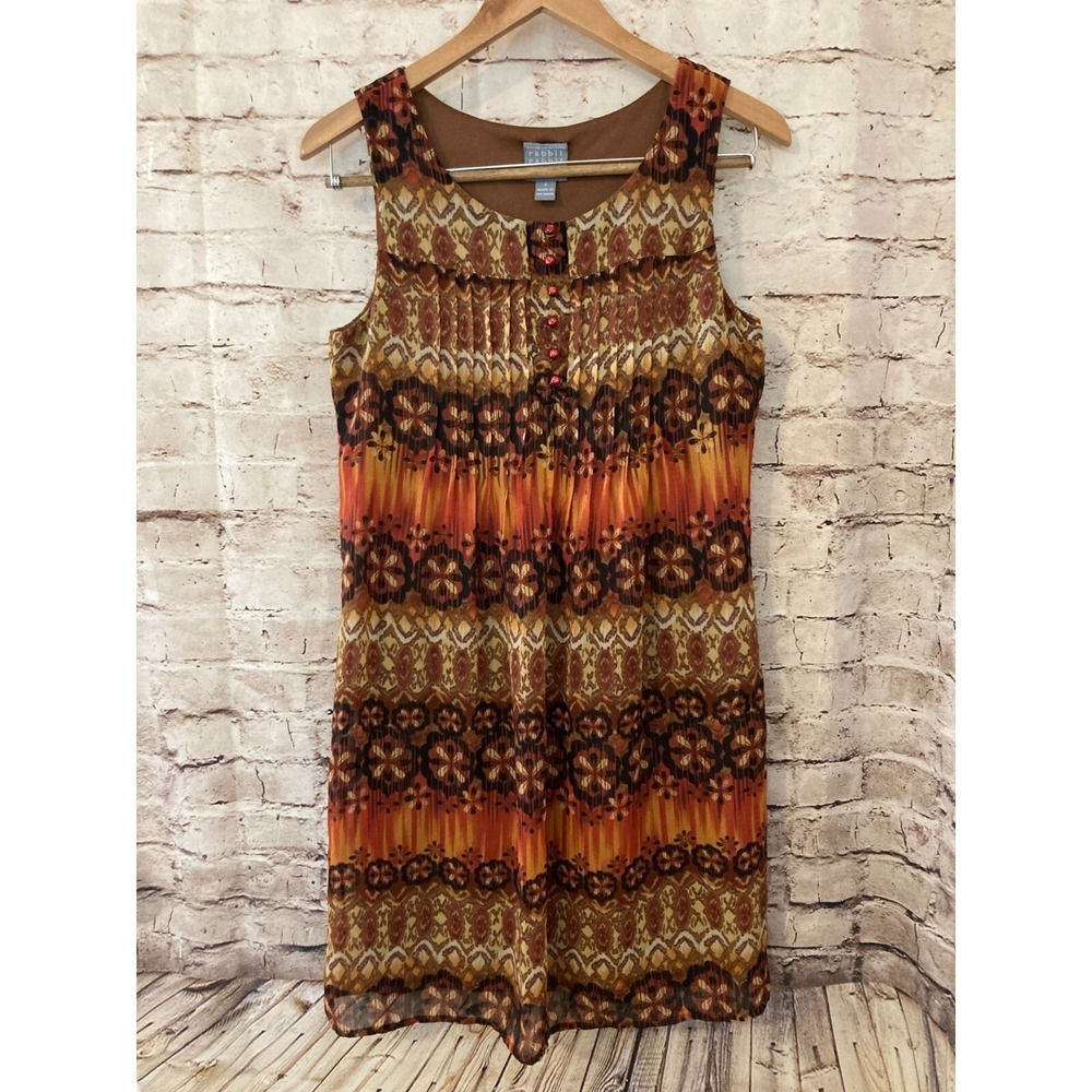 Rabbit Designs Dress Womens 8 Shift Rust Brown Aztec Sunrise Pleated Lined Flowy